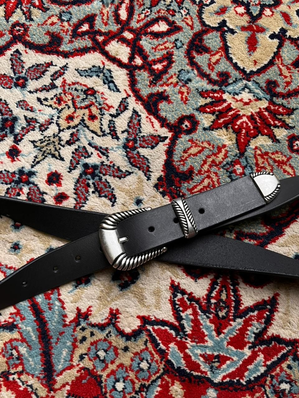 Western Black Genuine Leather Engraved Silver Buckle BELT