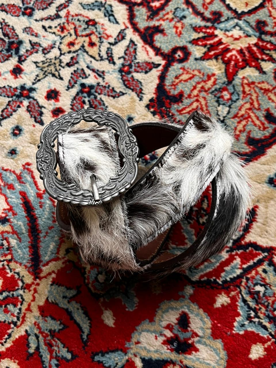 Western Real Cowhide Calf Hair Brown Leather Ornate Buckle BELT