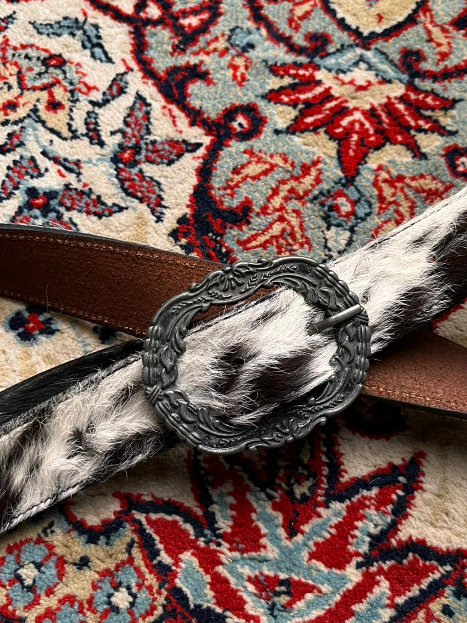 Western Real Cowhide Calf Hair Brown Leather Ornate Buckle BELT