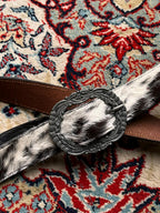 Western Real Cowhide Calf Hair Brown Leather Ornate Buckle BELT