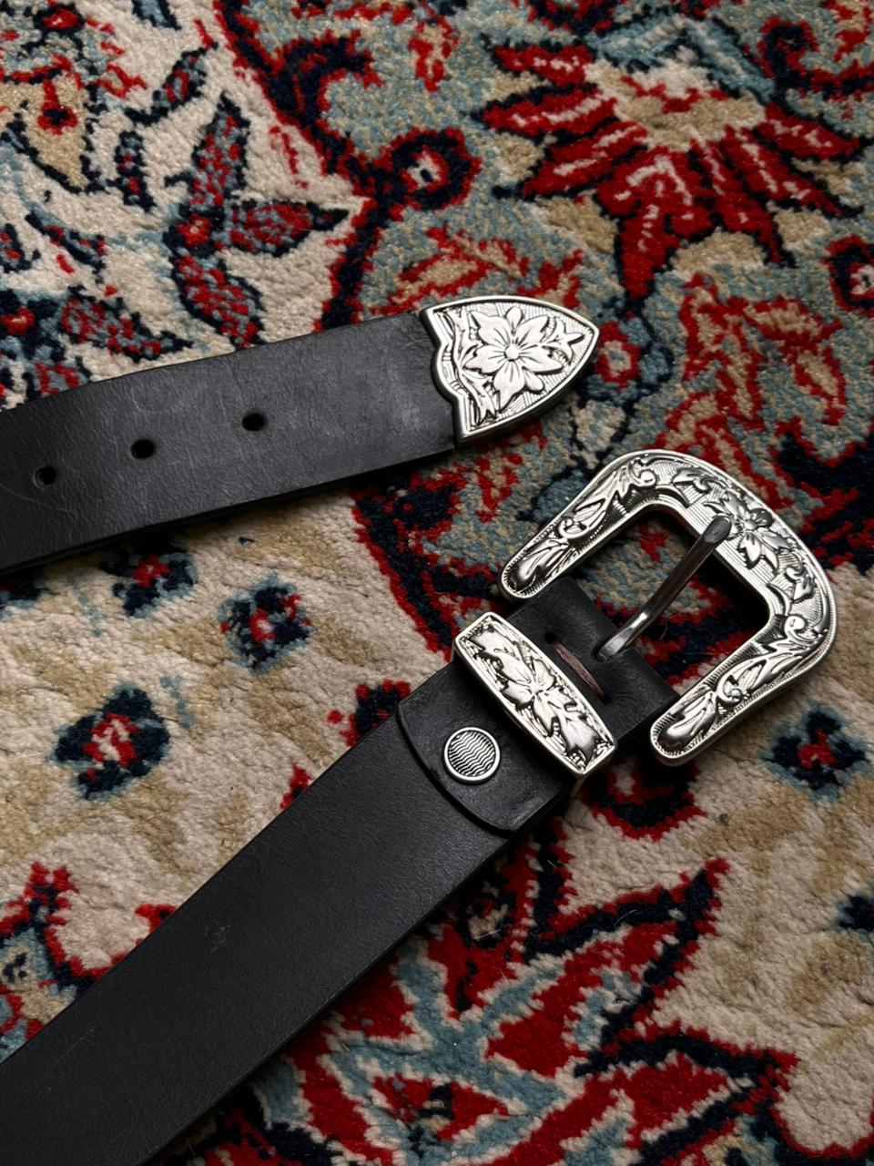 Vintage Black Leather Western Belt Floral Engraved Buckle
