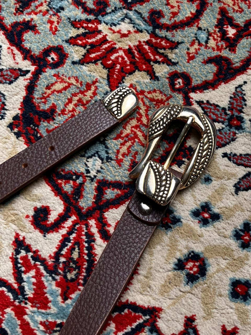 Cowboy Boho Brown Leather Belt with Engraved Metal Buckle
