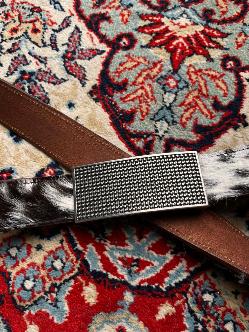 Western Real Cowhide Calf Hair Brown Leather Studded Buckle BELT
