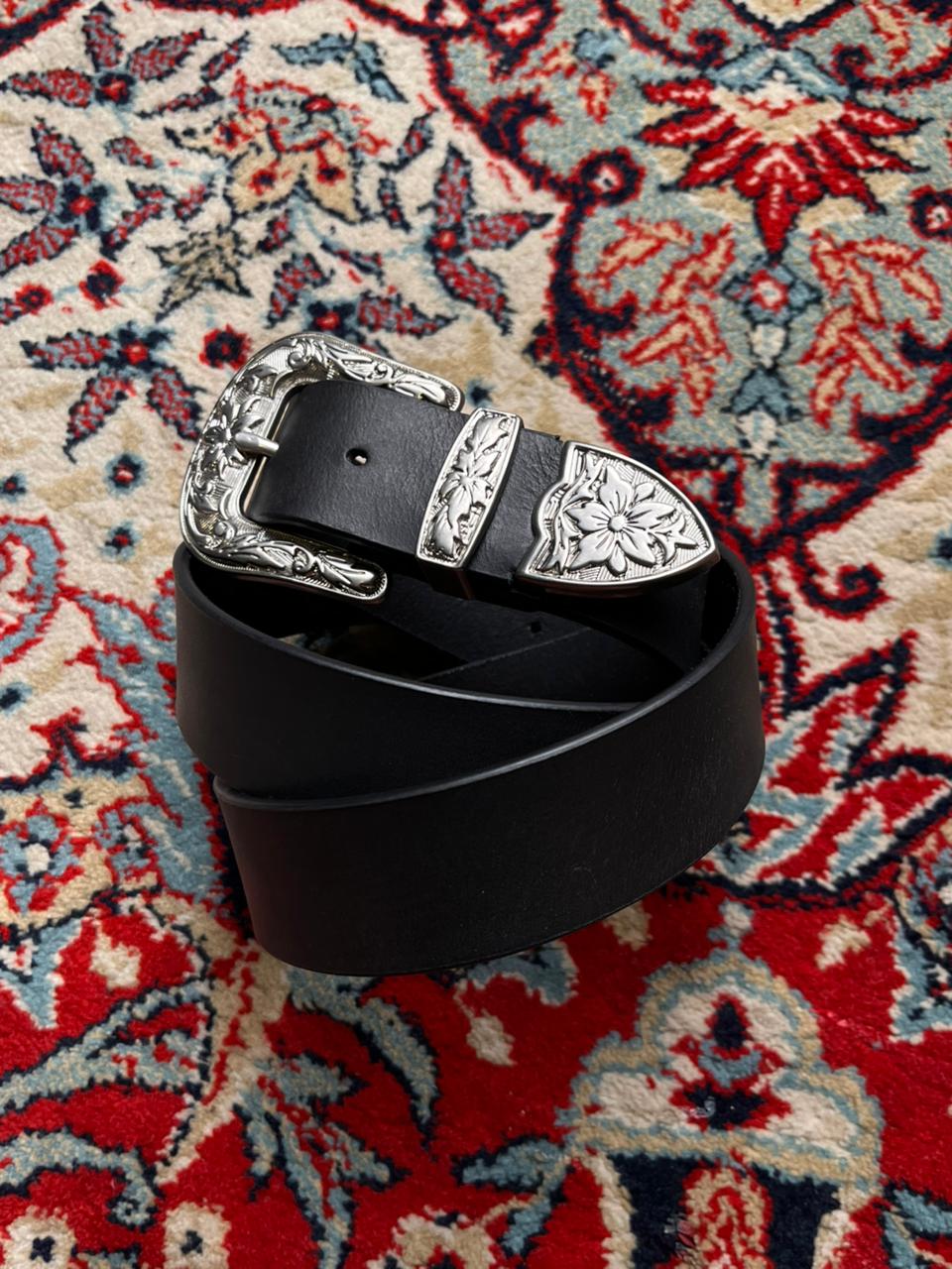 Vintage Black Leather Western Belt Floral Engraved Buckle