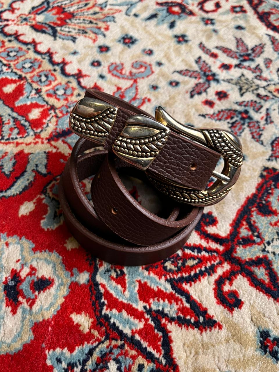 Cowboy Boho Brown Leather Belt with Engraved Metal Buckle