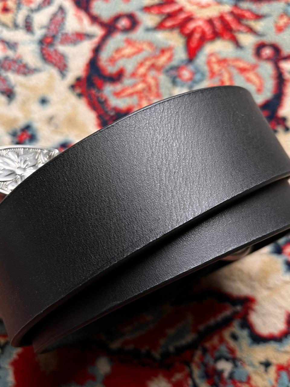 Vintage Black Leather Western Belt Floral Engraved Buckle