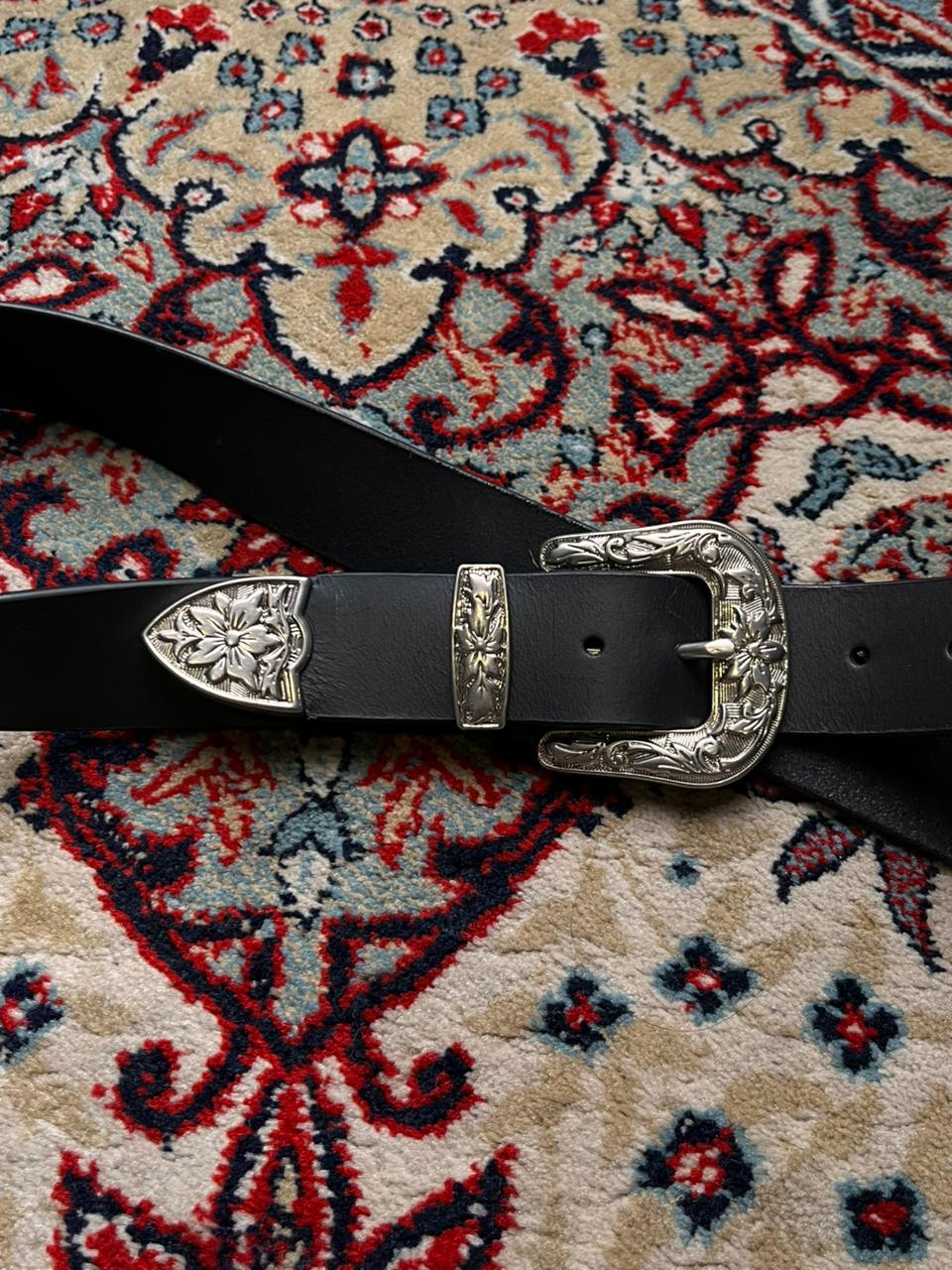 Vintage Black Leather Western Belt Floral Engraved Buckle