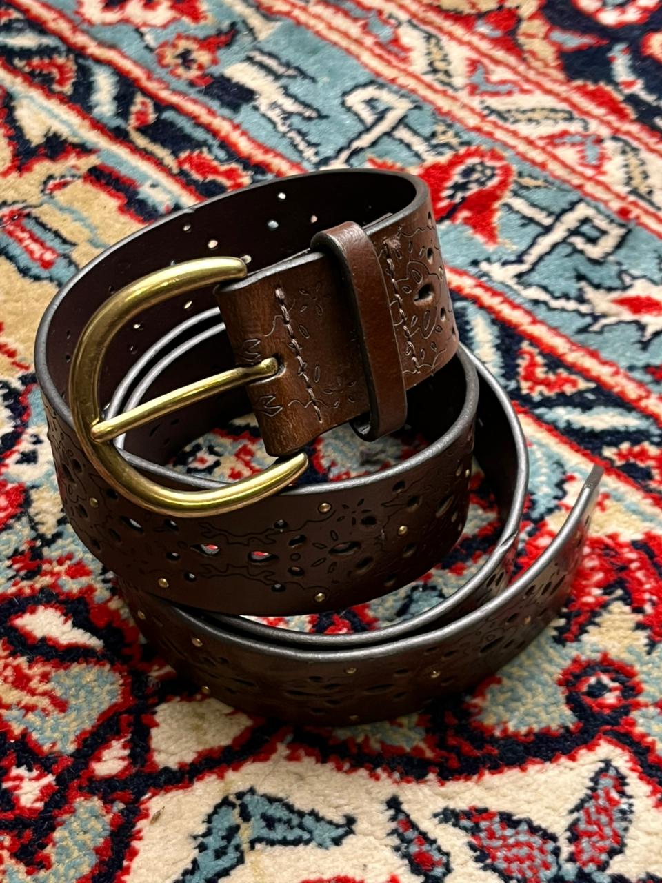 Vintage Brown Leather Laser Cut Out Studded Belt