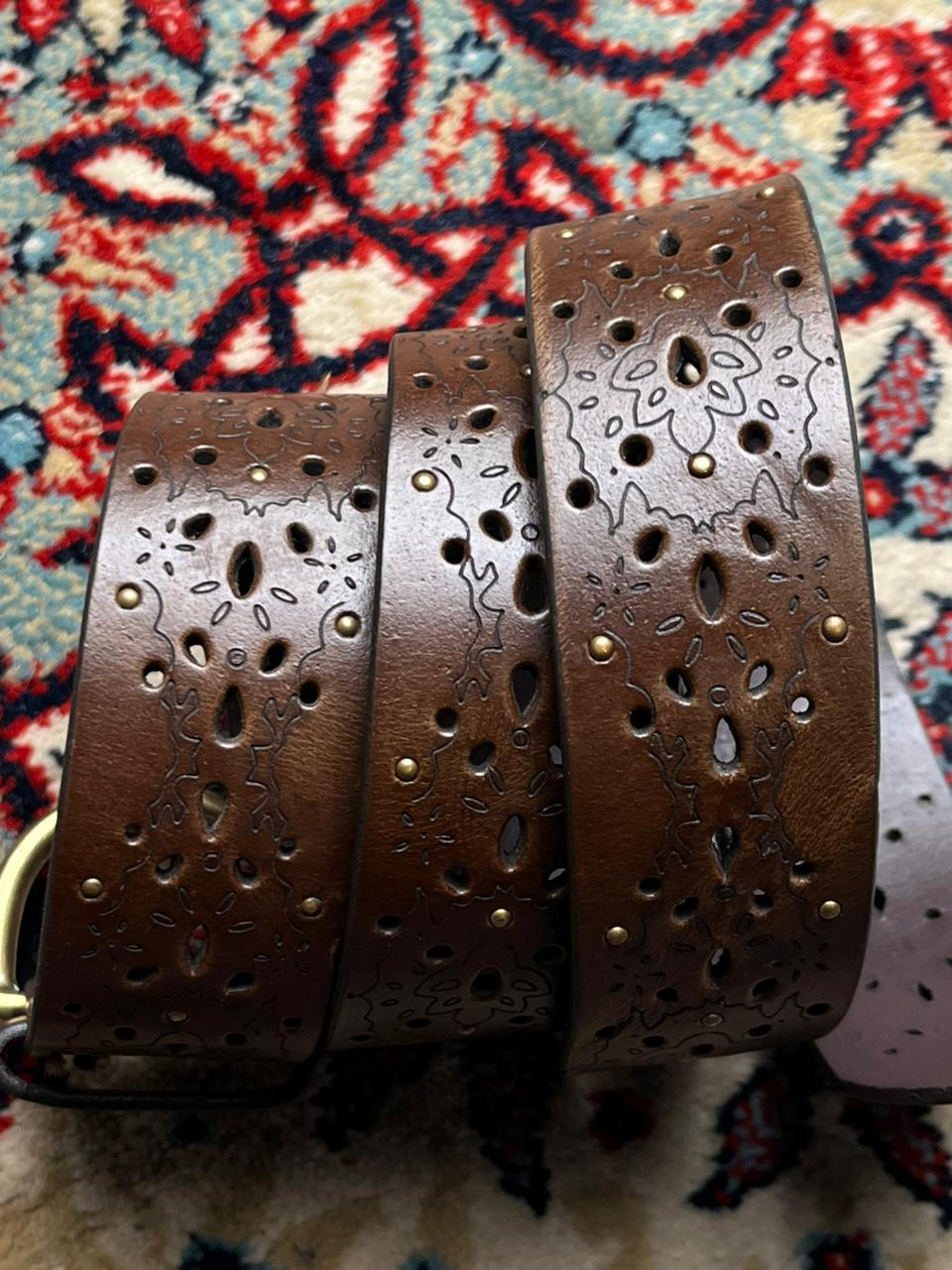 Vintage Brown Leather Laser Cut Out Studded Belt
