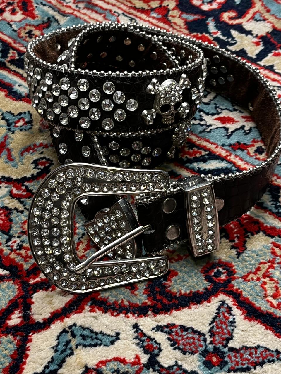 RHINESTONE SKULL CROSSBONES CROCO EMBOSSED LEATHER BELT