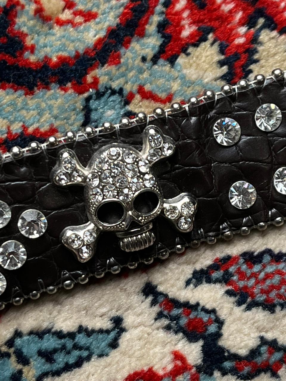 RHINESTONE SKULL CROSSBONES CROCO EMBOSSED LEATHER BELT