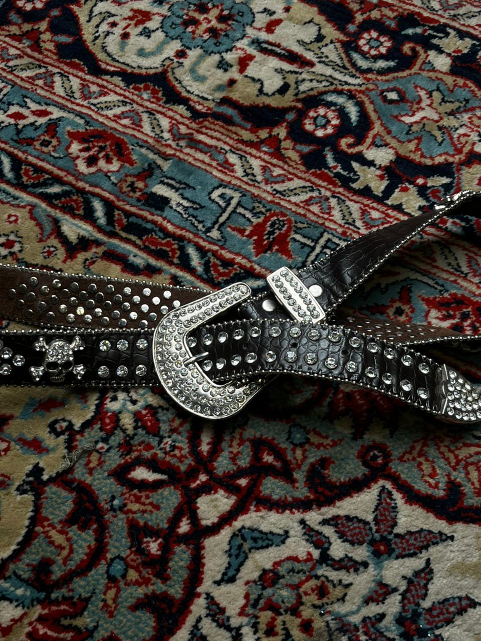 RHINESTONE SKULL CROSSBONES CROCO EMBOSSED LEATHER BELT