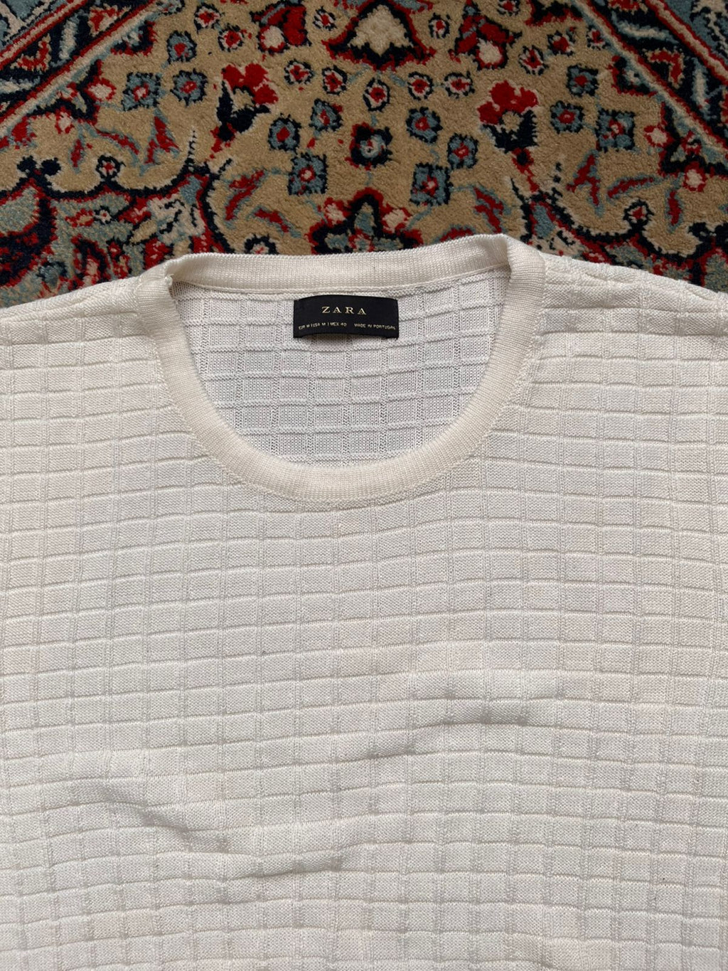 Zara Men's White Textured Waffle Knit Slim Fit Crewneck TEE