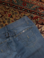 VINTAGE ACCESTAR STUDDED CINCH BACK FLARE BLUE DENIM JEANS