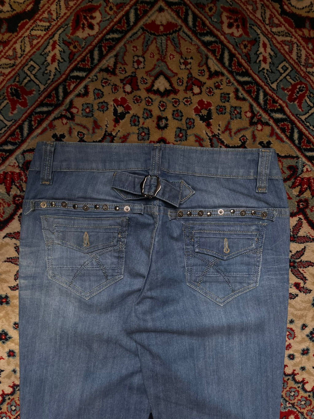 VINTAGE ACCESTAR STUDDED CINCH BACK FLARE BLUE DENIM JEANS