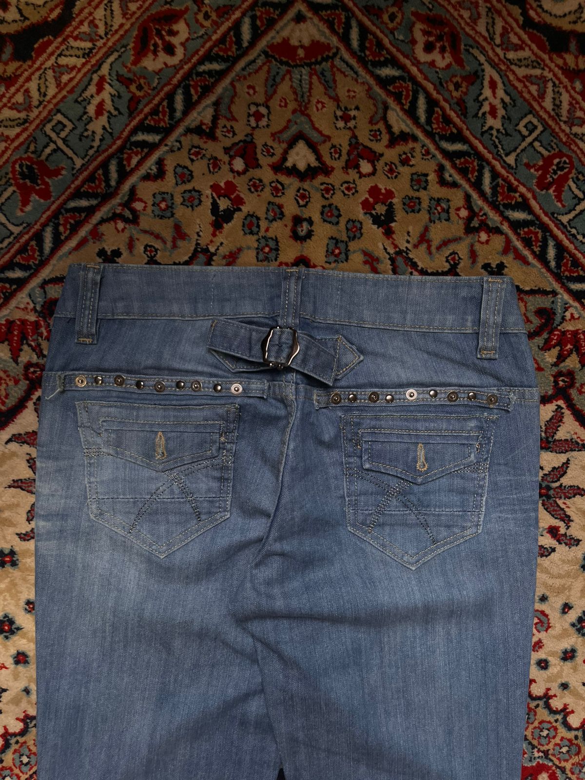 VINTAGE ACCESTAR STUDDED CINCH BACK FLARE BLUE DENIM JEANS