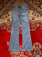 VINTAGE ACCESTAR STUDDED CINCH BACK FLARE BLUE DENIM JEANS
