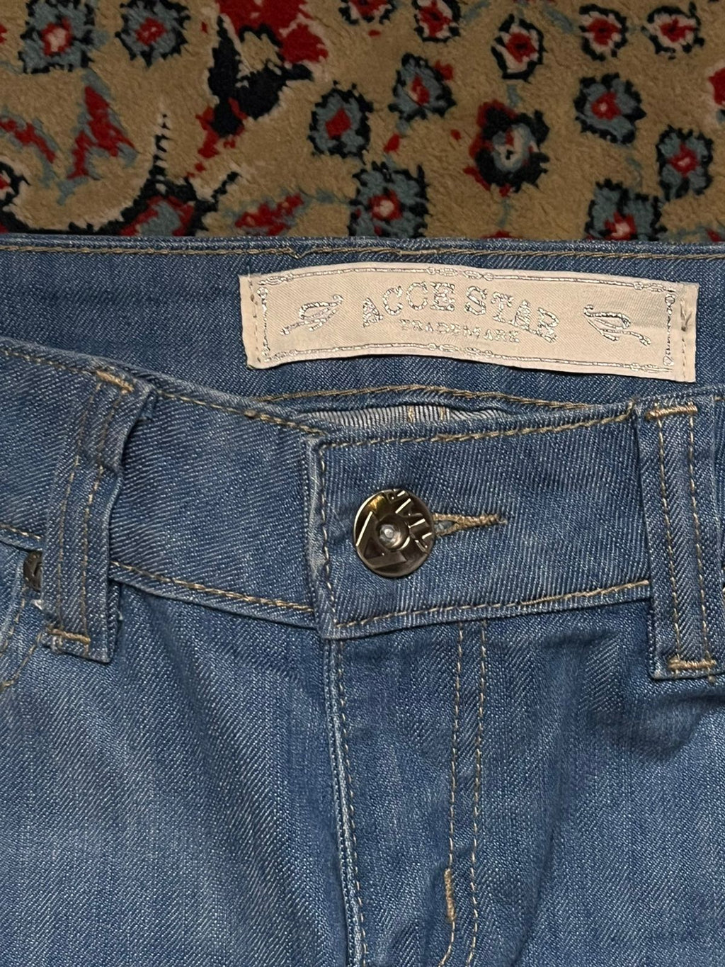 VINTAGE ACCESTAR STUDDED CINCH BACK FLARE BLUE DENIM JEANS