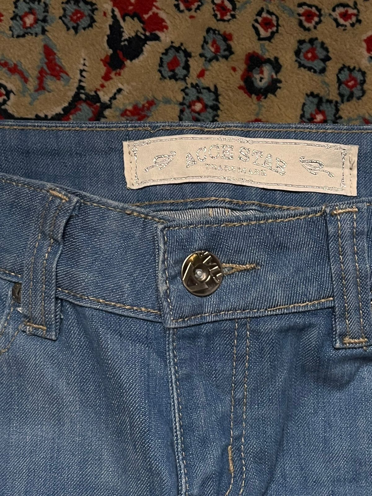 VINTAGE ACCESTAR STUDDED CINCH BACK FLARE BLUE DENIM JEANS