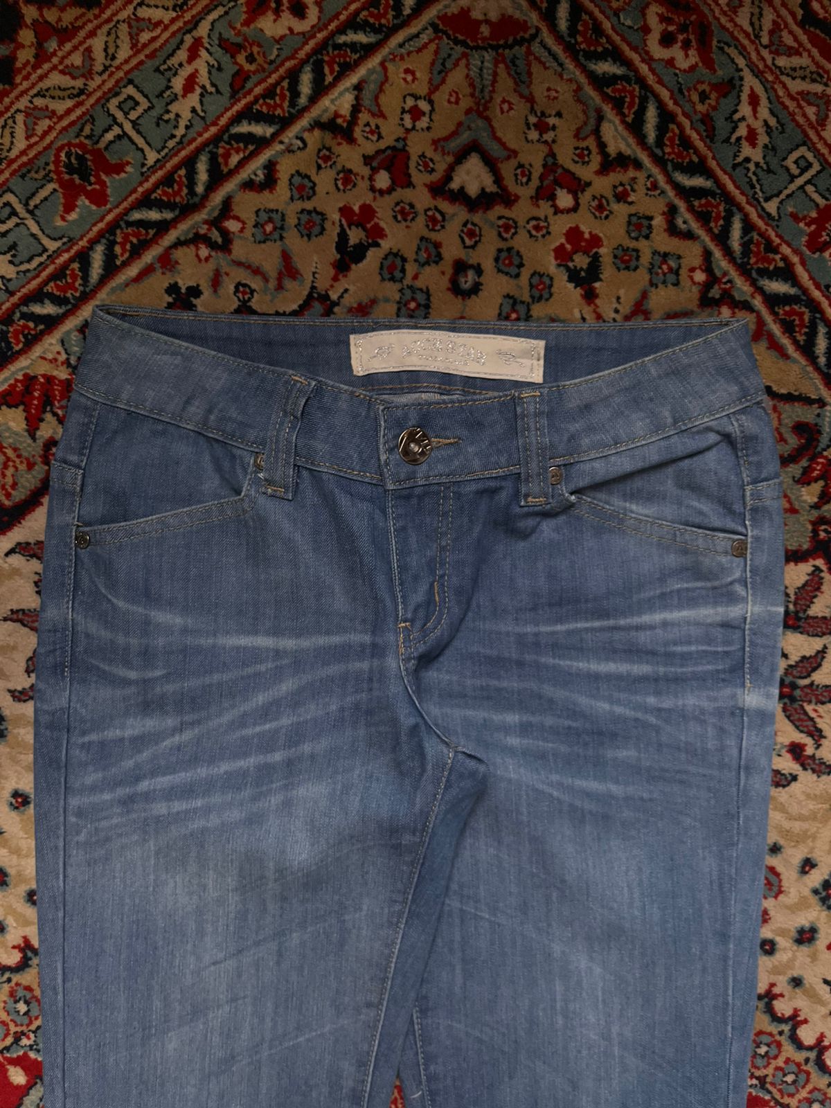 VINTAGE ACCESTAR STUDDED CINCH BACK FLARE BLUE DENIM JEANS