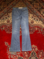 VINTAGE ACCESTAR STUDDED CINCH BACK FLARE BLUE DENIM JEANS