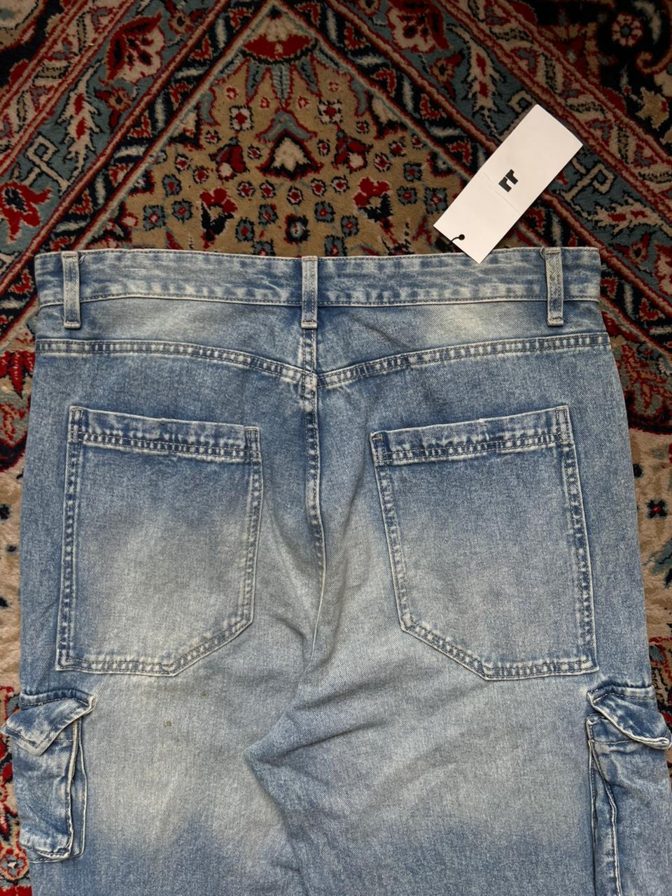BERSHKA BAGGY LIGHT WASH MULTI POCKET DENIM CARGO PANTS - 34