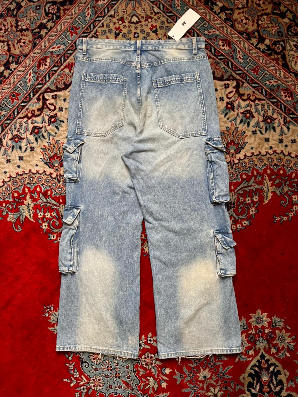 BERSHKA BAGGY LIGHT WASH MULTI POCKET DENIM CARGO PANTS - 34