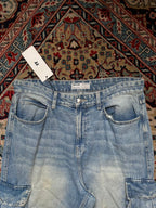BERSHKA BAGGY LIGHT WASH MULTI POCKET DENIM CARGO PANTS - 26