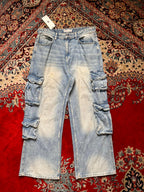 BERSHKA BAGGY LIGHT WASH MULTI POCKET DENIM CARGO PANTS - 26