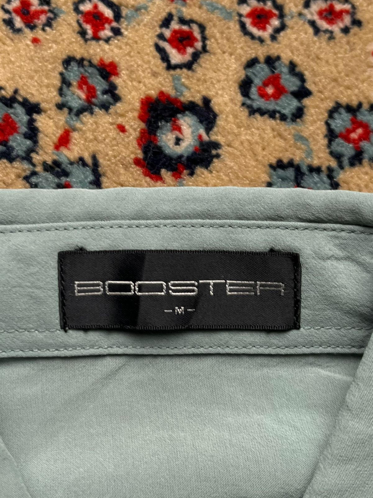 BOOSTER Vintage Sage Green Silk Touch Abstract Panel Graphic BUTTON DOWN SHIRT