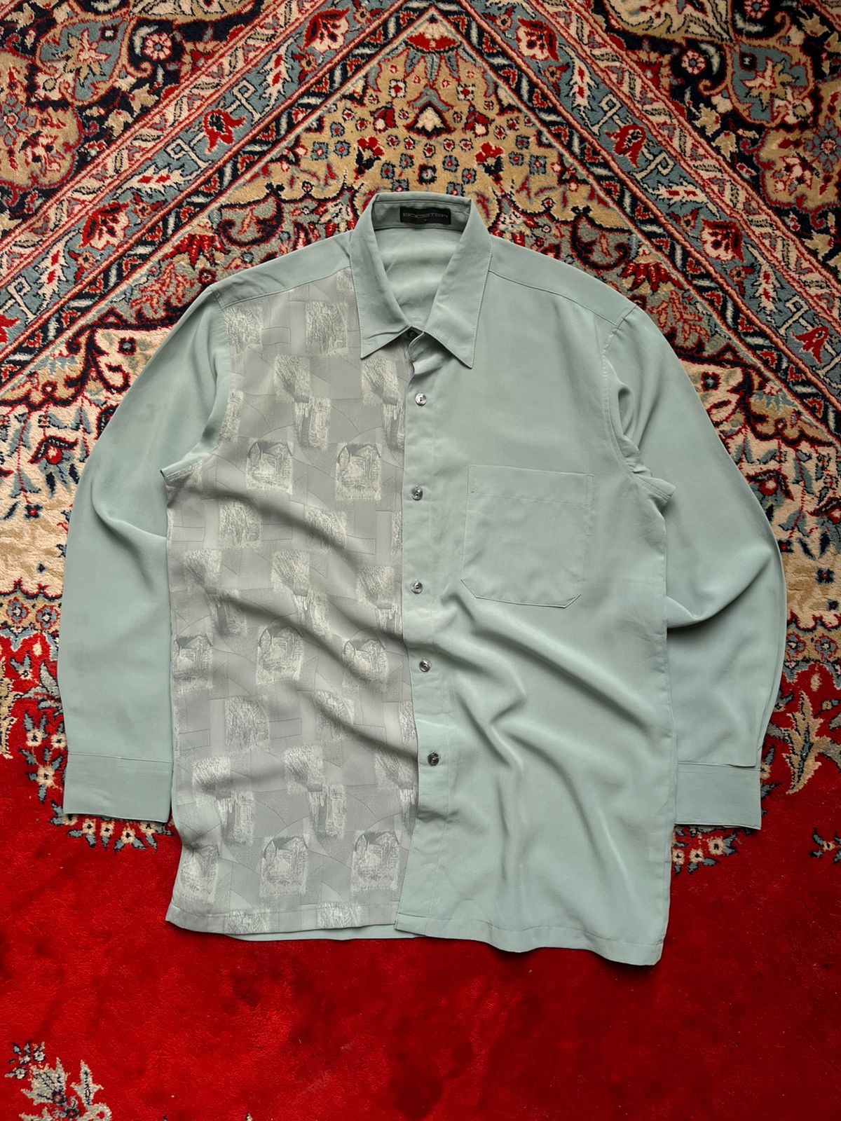 BOOSTER Vintage Sage Green Silk Touch Abstract Panel Graphic BUTTON DOWN SHIRT