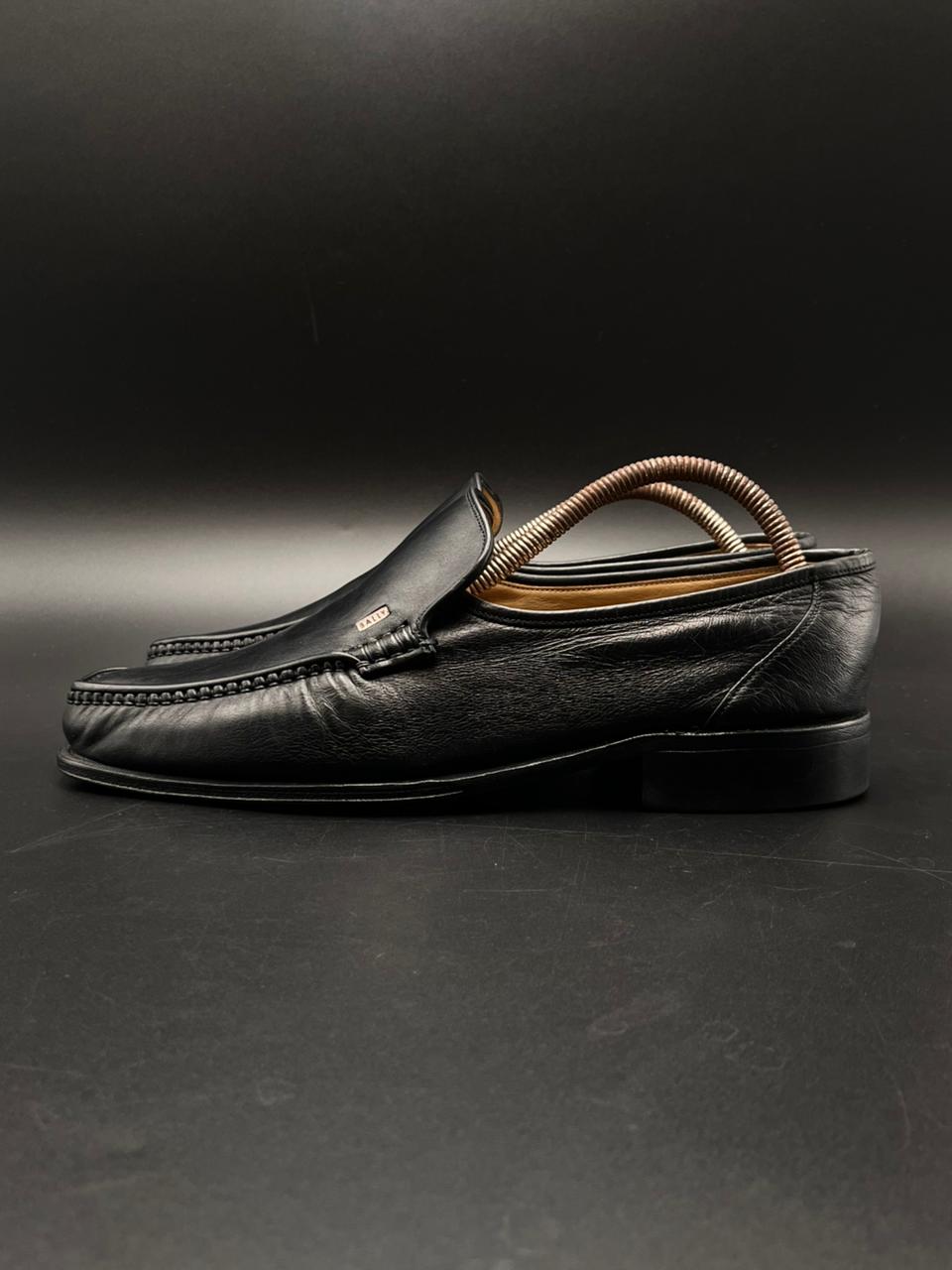 Bally Black Leather Apron Toe Loafers