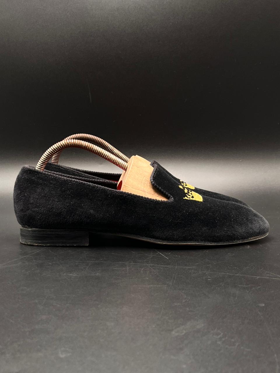 Church's Northampton England Black Velvet Gold Crown Embroidered shoes