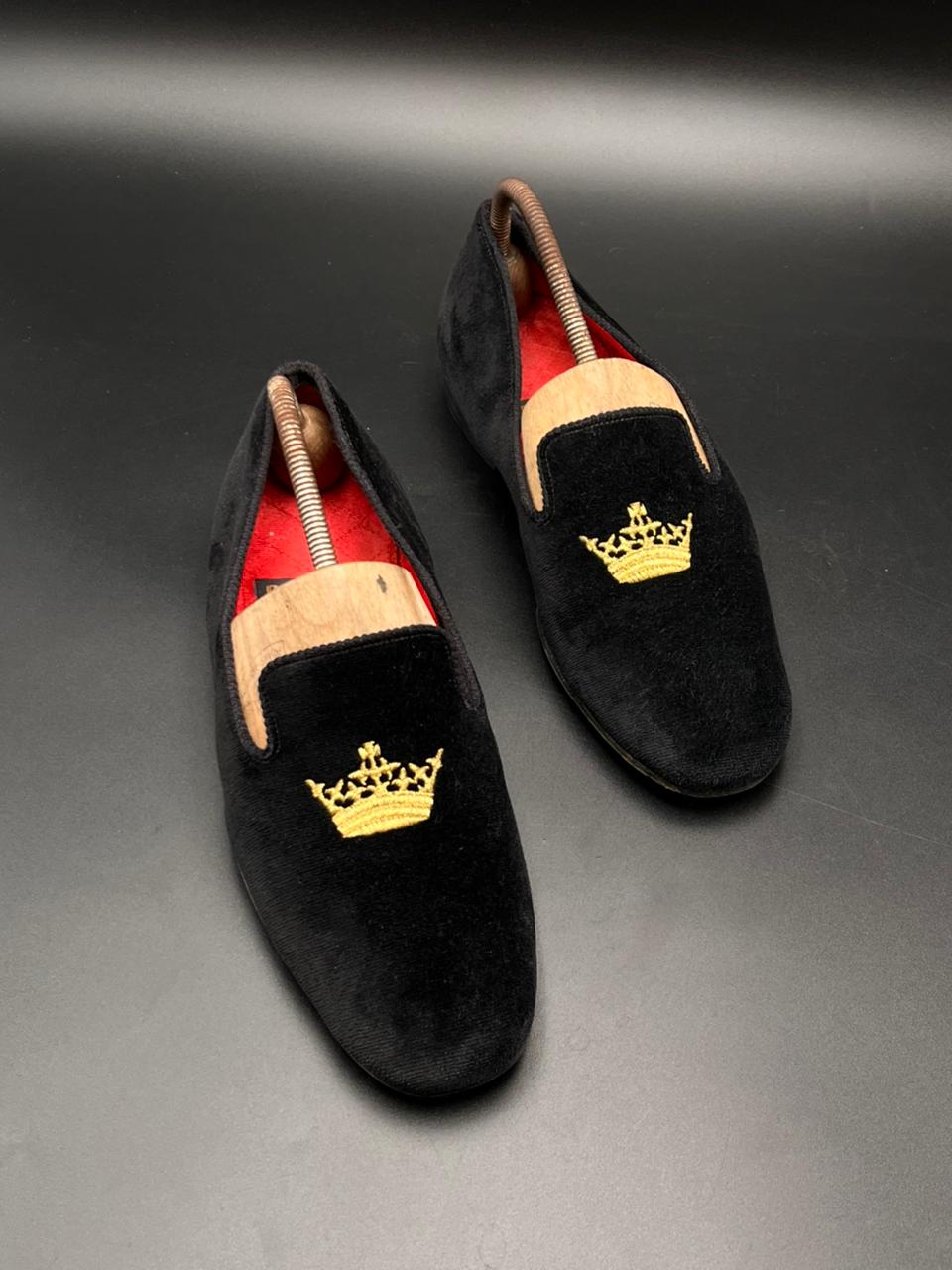 Church's Northampton England Black Velvet Gold Crown Embroidered shoes