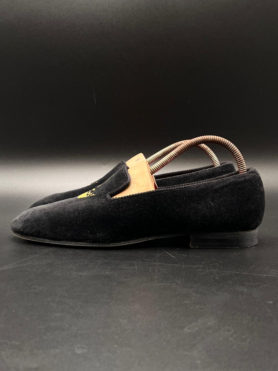 Church's Northampton England Black Velvet Gold Crown Embroidered shoes