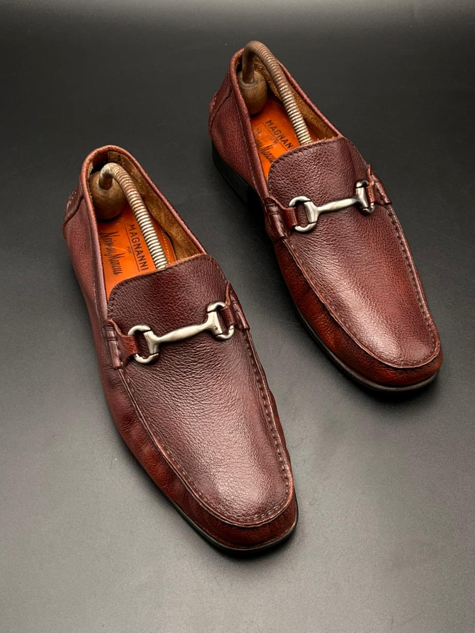 Magnanni for Neiman Marcus Brown Grained Leather Horsebit Loafers