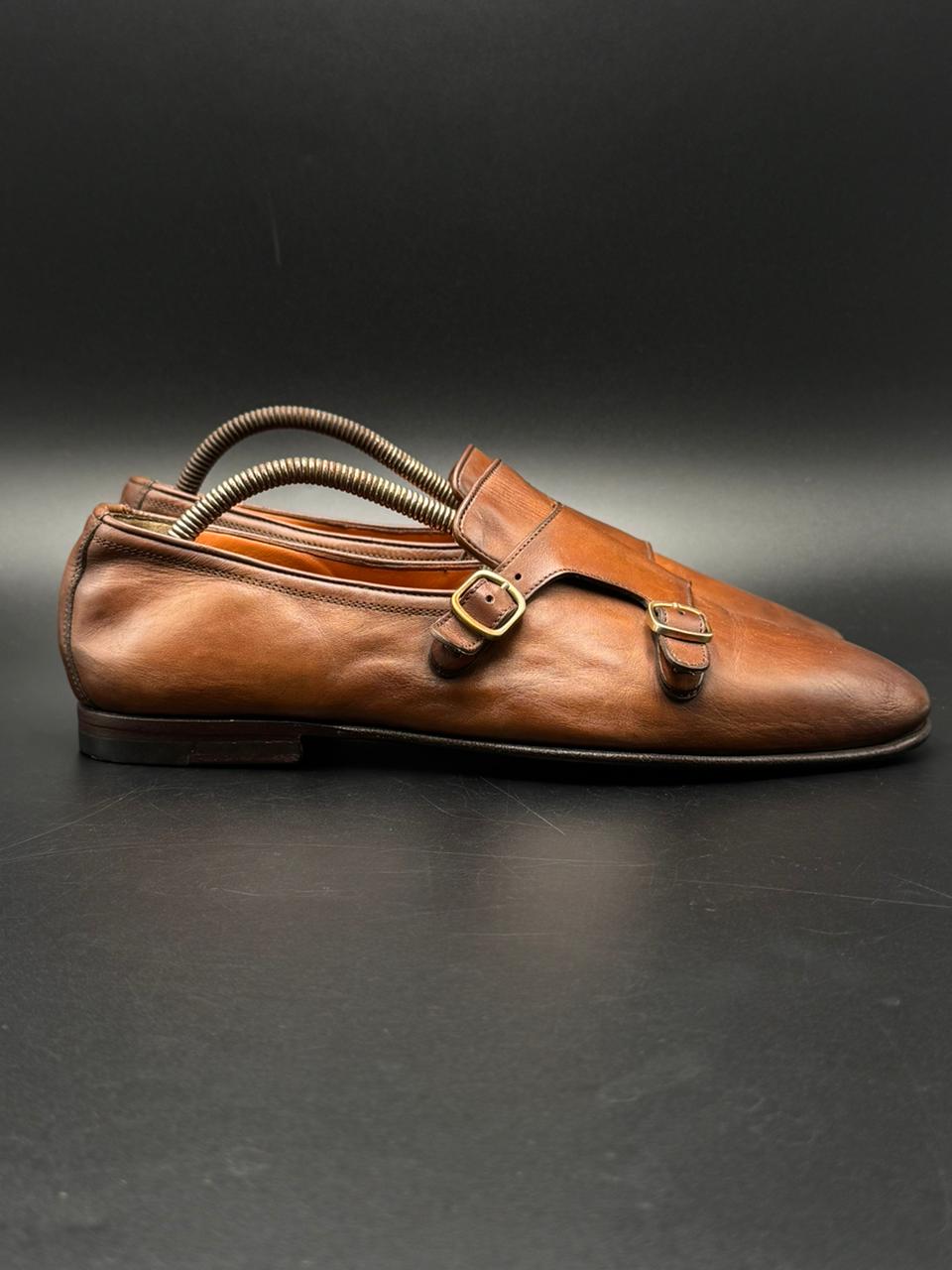 Santoni lItalian Made Brown Leather Double Monk Strap Dress Shoes