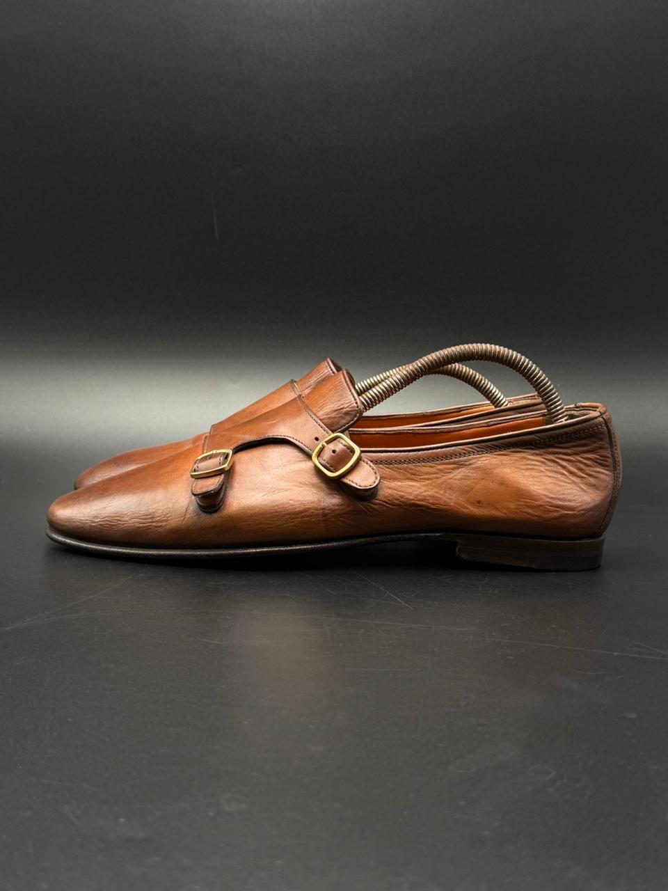 Santoni lItalian Made Brown Leather Double Monk Strap Dress Shoes