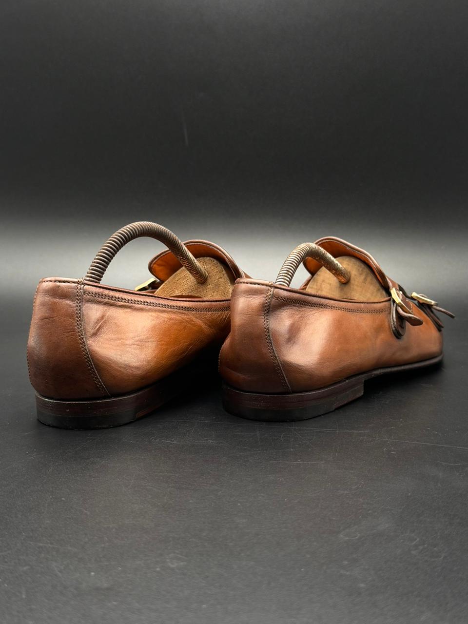 Santoni lItalian Made Brown Leather Double Monk Strap Dress Shoes