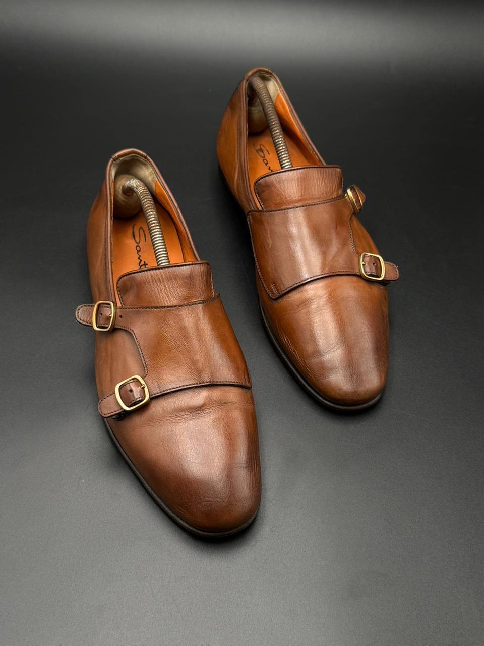 Santoni lItalian Made Brown Leather Double Monk Strap Dress Shoes