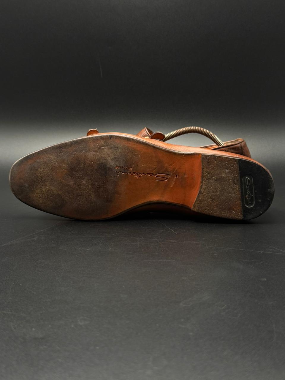 Santoni lItalian Made Brown Leather Double Monk Strap Dress Shoes