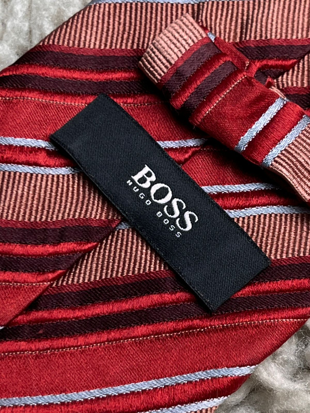 HUGO BOSS Silk Tie Red Burgundy Striped Luxury tie