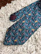 Montague Polyester Teal Green Burgundy Geometric Leaf Pattern Tie