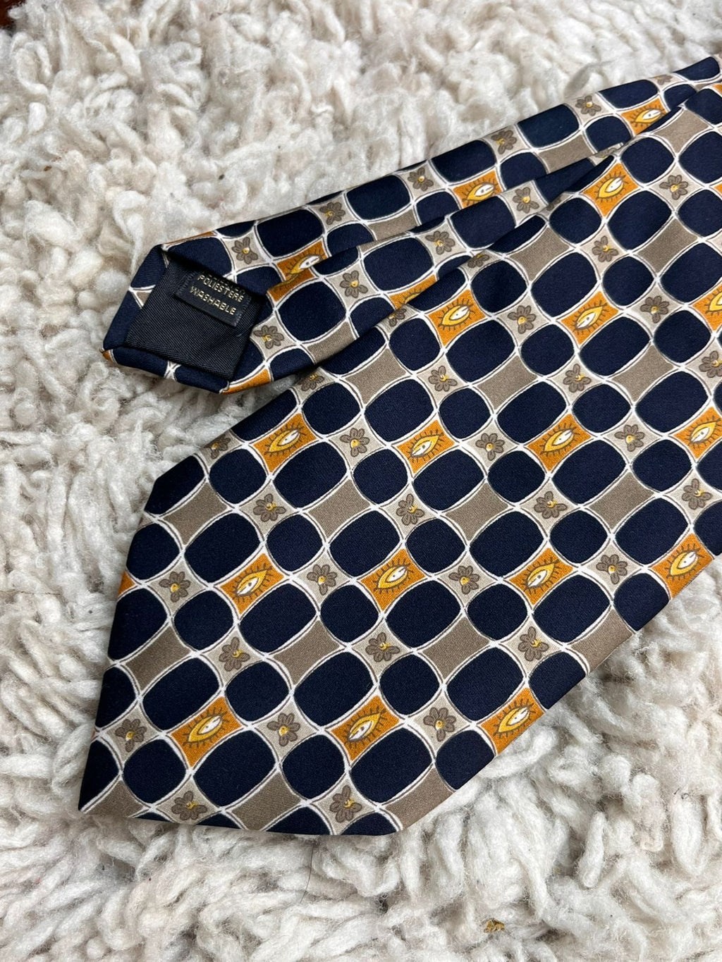 Montague Polyester Navy Blue Gold Geometric Floral Grid Pattern tie
