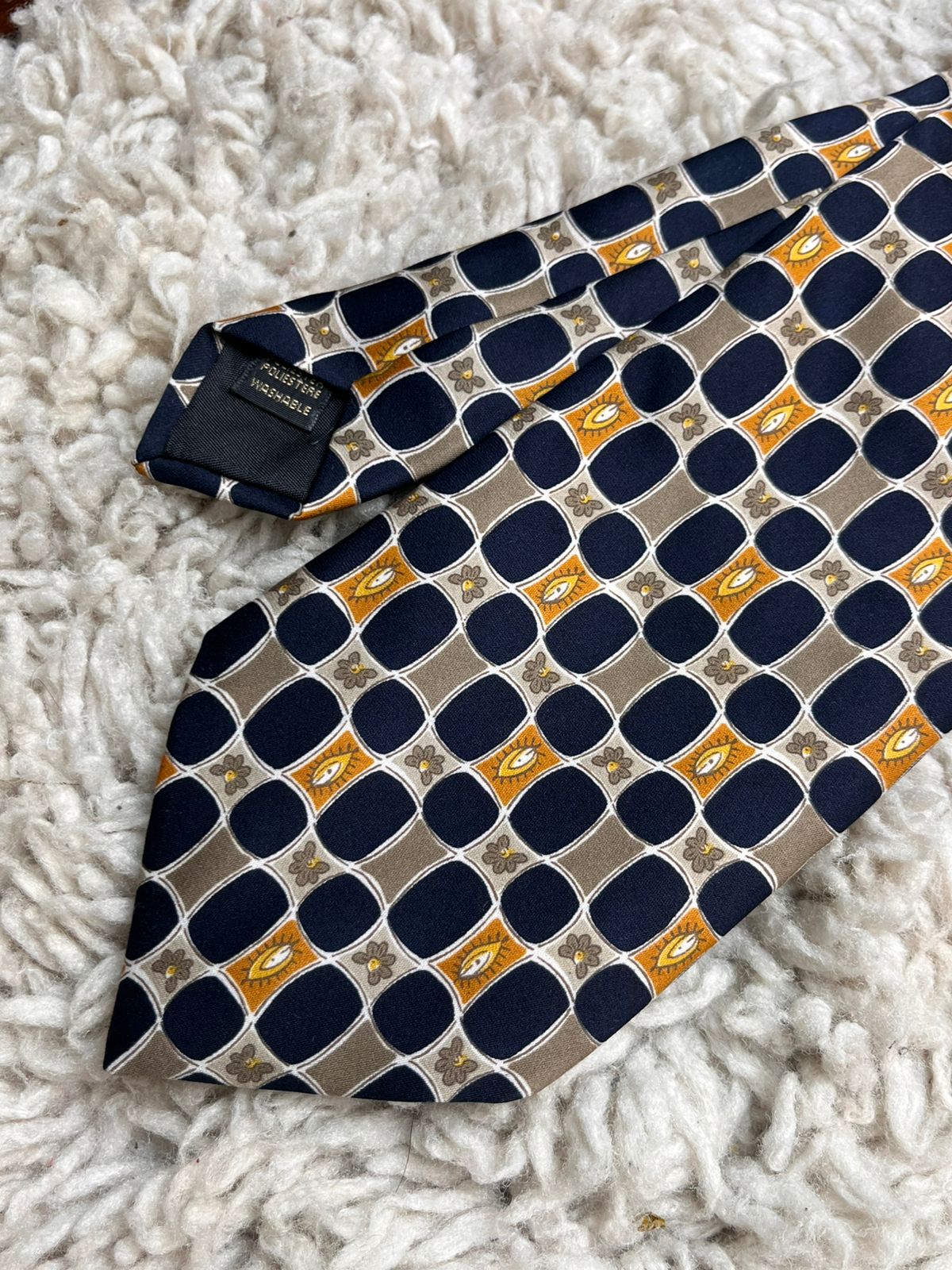 Montague Polyester Navy Blue Gold Geometric Floral Grid Pattern tie