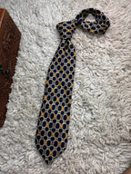 Montague Polyester Navy Blue Gold Geometric Floral Grid Pattern tie