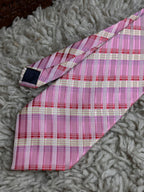 Kai Long Pink Plaid Check Hand Made Silk tie