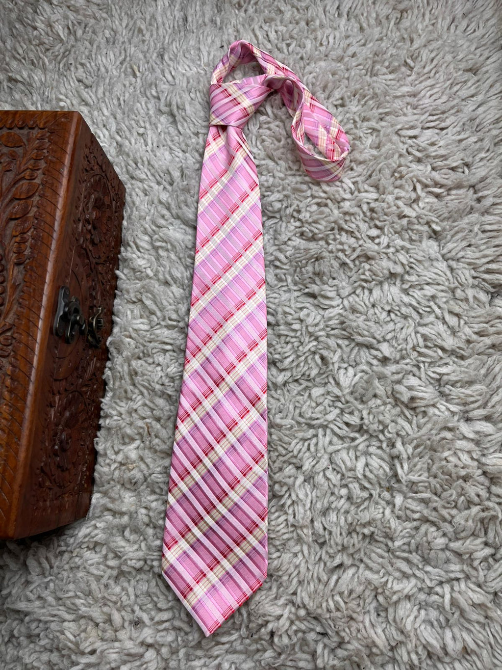 Kai Long Pink Plaid Check Hand Made Silk tie