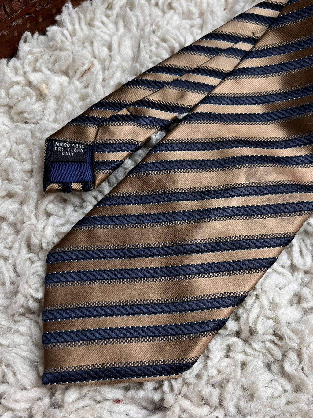 FRANCESCO BORGIA Gold Navy Blue Striped Microfiber Necktie