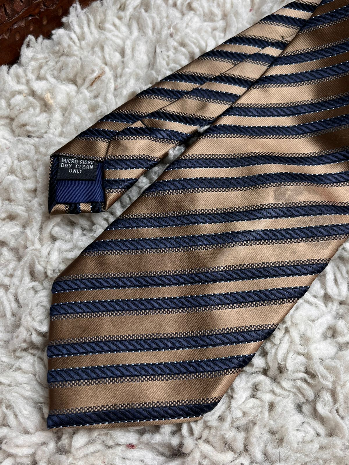 FRANCESCO BORGIA Gold Navy Blue Striped Microfiber Necktie